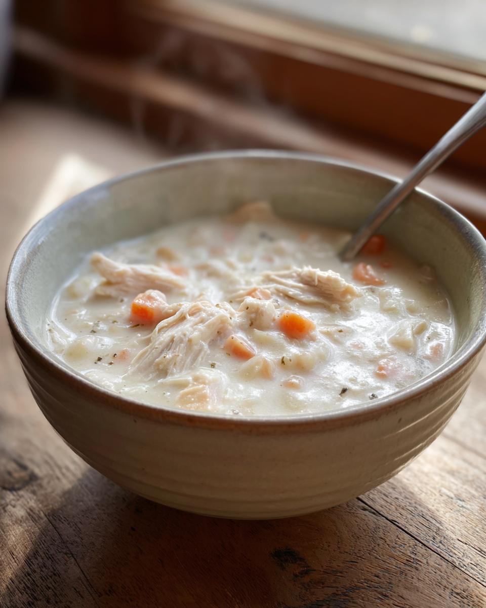 A close-up of a steaming bowl of homemade cream of chicken soup, featuring shredded chicken and diced carrots.
