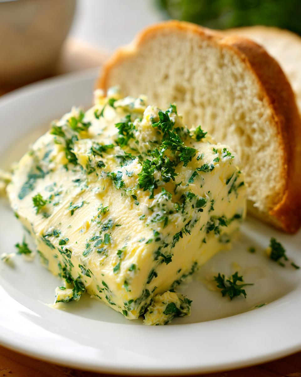 A thick slab of homemade garlic butter mixed with fresh green parsley served next to slices of bread.