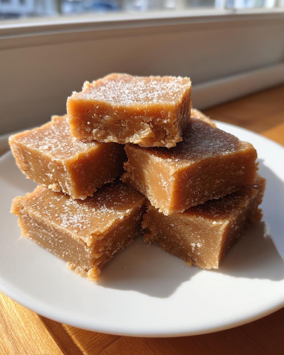 A stack of five squares of rich, brown penuche fudge lightly dusted with sugar, sitting on a white plate.