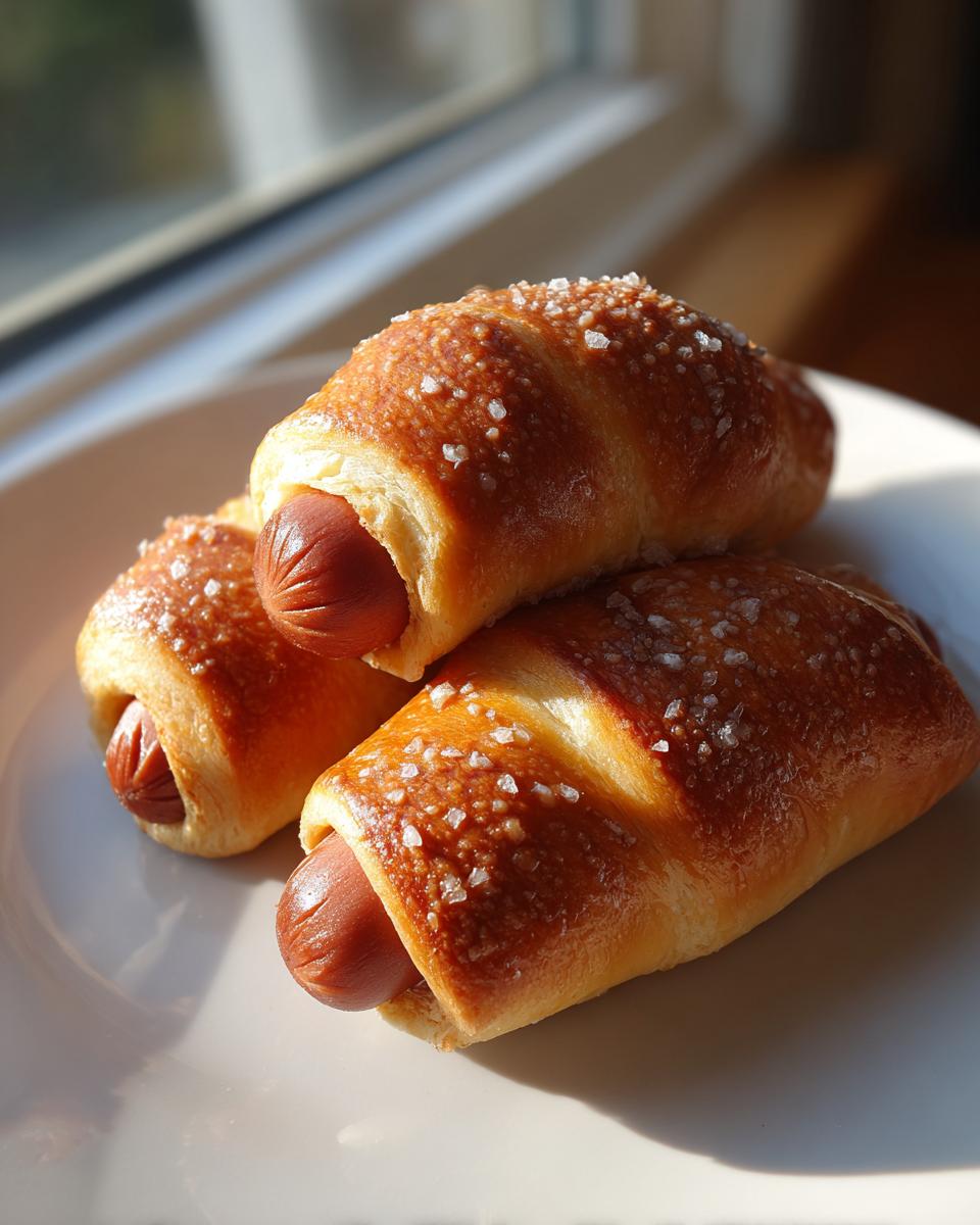 Three freshly baked pretzel dogs, golden brown and topped with coarse salt, resting on a white plate.