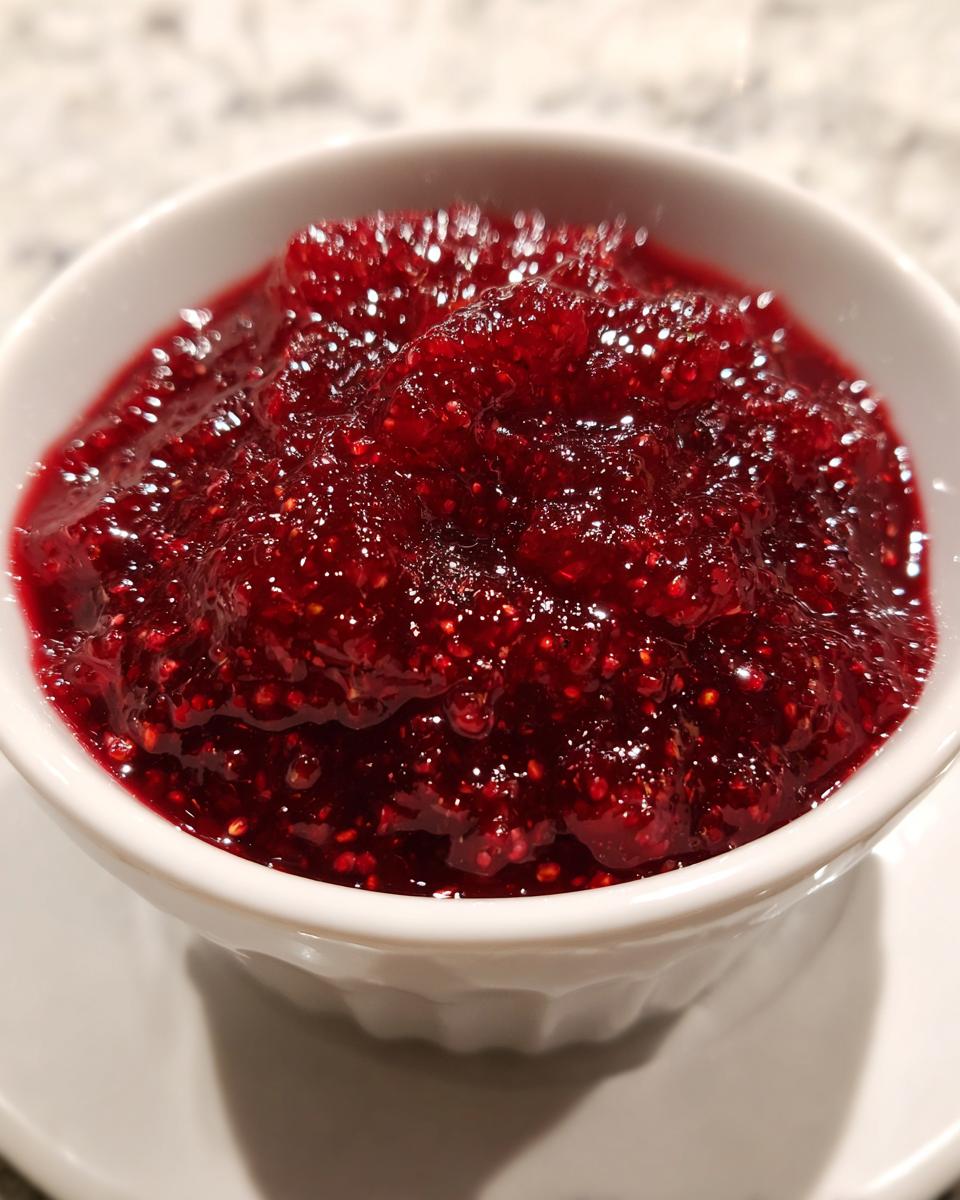 Close-up of thick, glistening homemade raspberry jam, showing visible seeds, served in a small white ramekin.