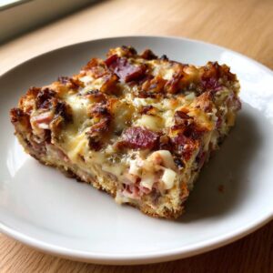A square slice of homemade reuben bake featuring melted cheese, corned beef, and a golden crust, served on a white plate.