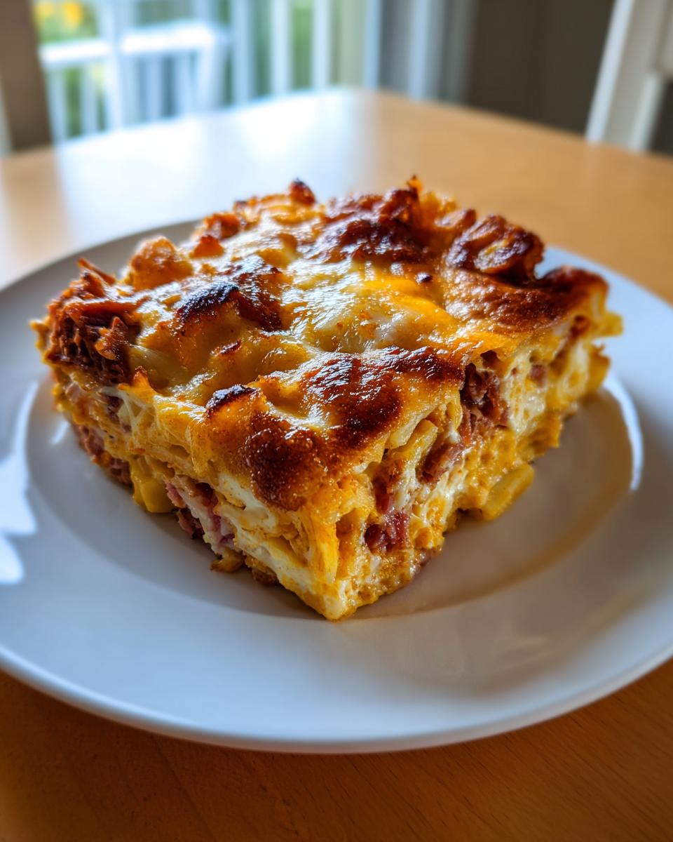 A square slice of golden-brown, cheesy homemade reuben bake served on a white plate.