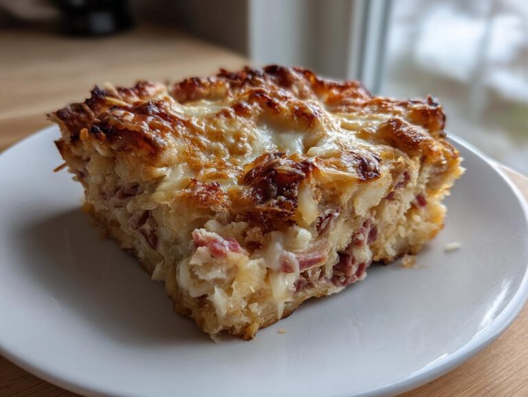 A square slice of homemade reuben bake featuring corned beef, sauerkraut, and melted cheese topping on a white plate.