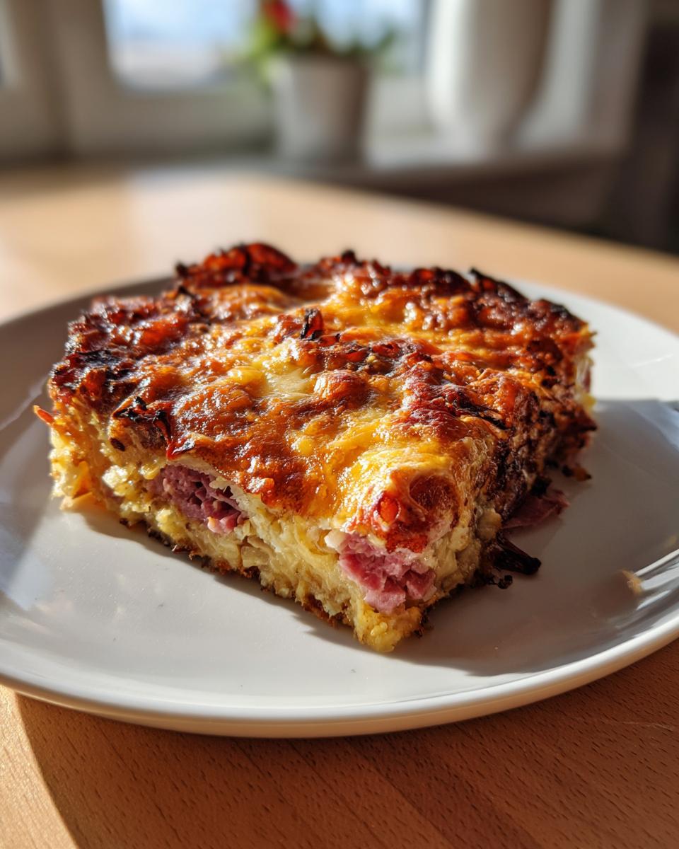 A square slice of homemade reuben bake with a crispy, cheesy top and visible corned beef filling.