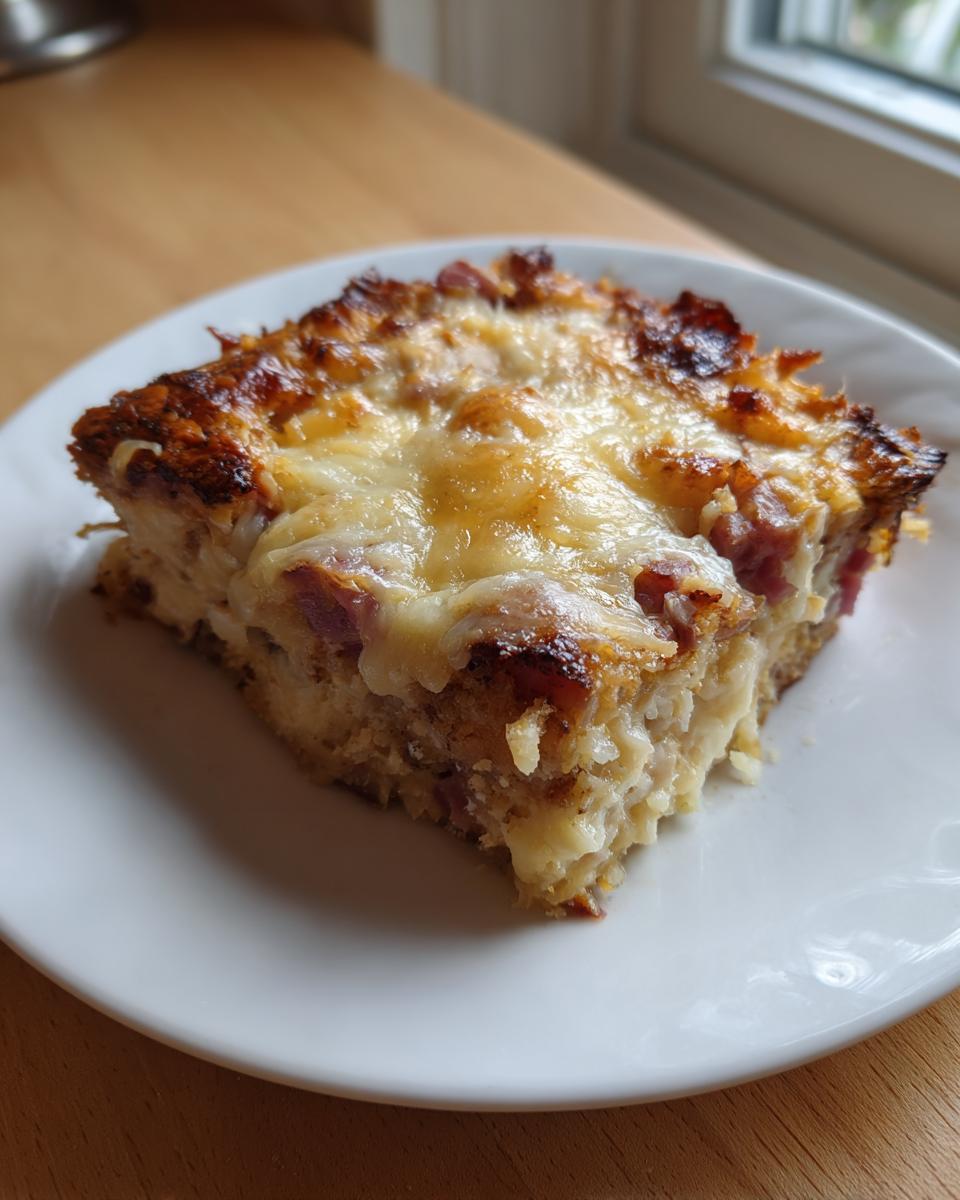 A square slice of homemade Reuben bake topped with golden, melted Swiss cheese, served on a white plate.