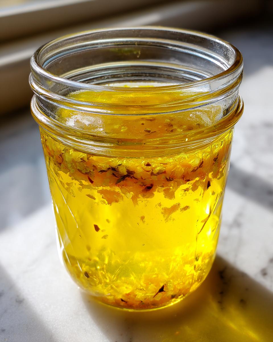 Bright yellow homemade salad dressing with herbs and spices settled in a small glass jar.