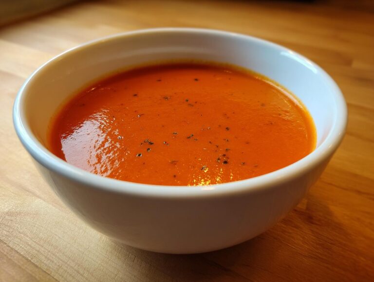 Close-up of a white bowl filled with rich, orange-red tomato bisque, garnished with pepper.