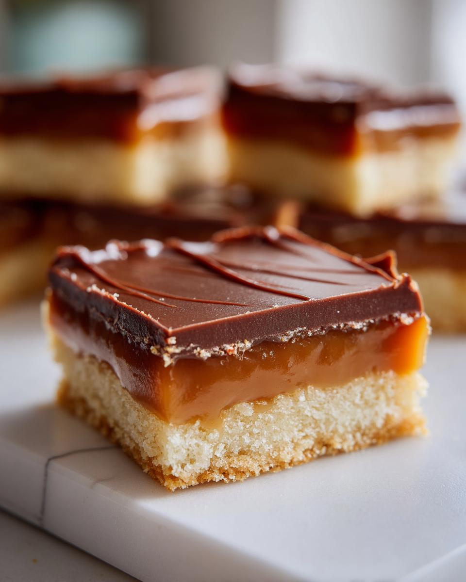 A close-up of a single, perfectly layered homemade Twix bar showing a shortbread base, thick caramel, and chocolate topping.