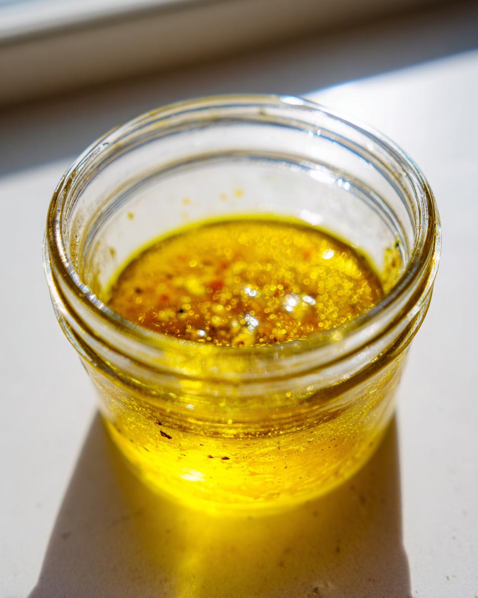Close-up of golden homemade salad dressing, likely a vinaigrette, settled in a small glass jar.