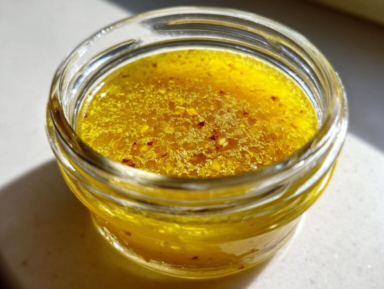 Close-up of bright yellow homemade salad dressing, likely vinaigrette, with visible spices floating in a small glass jar.