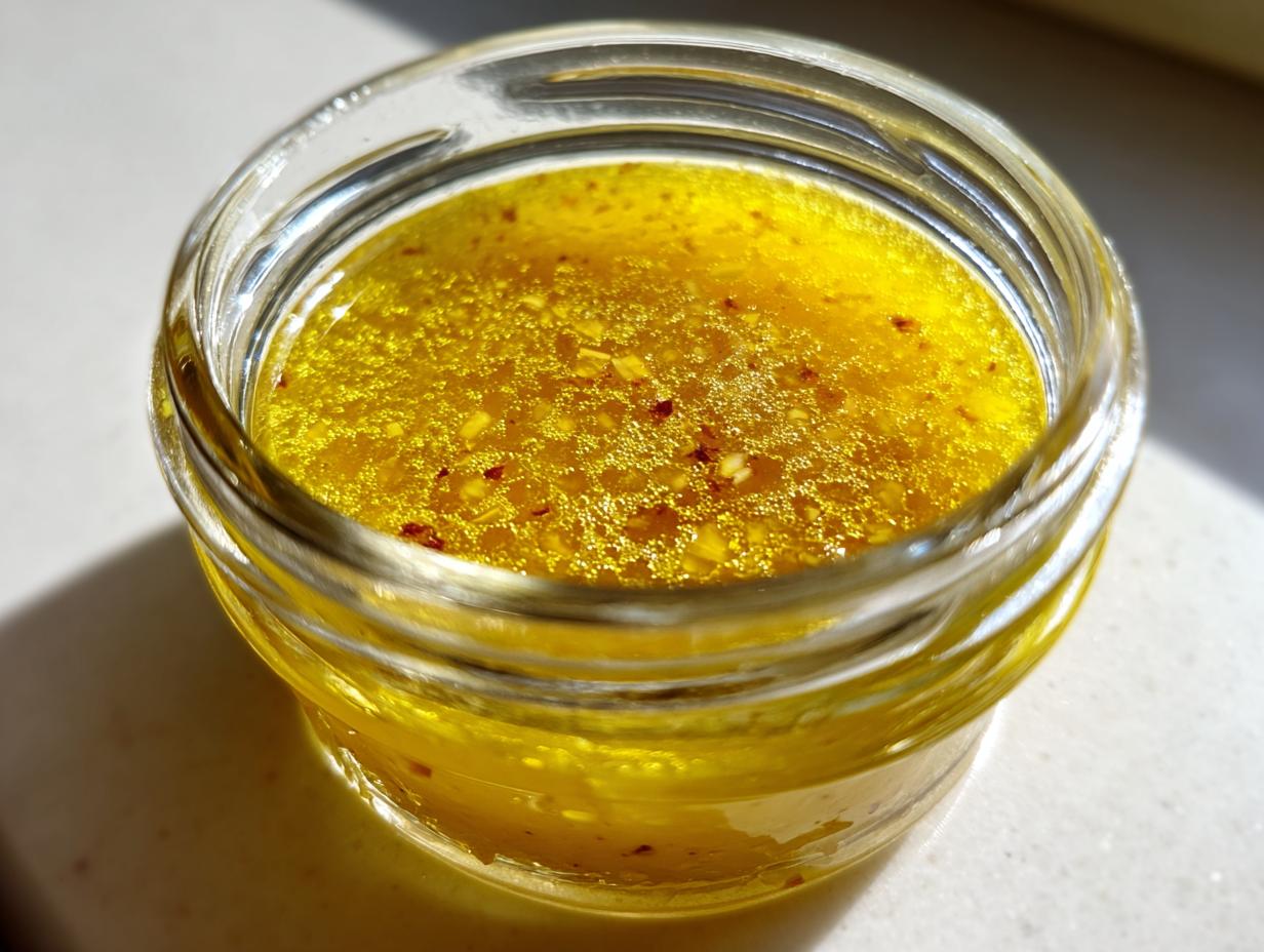 Close-up of bright yellow homemade salad dressing, likely vinaigrette, with visible spices floating in a small glass jar.