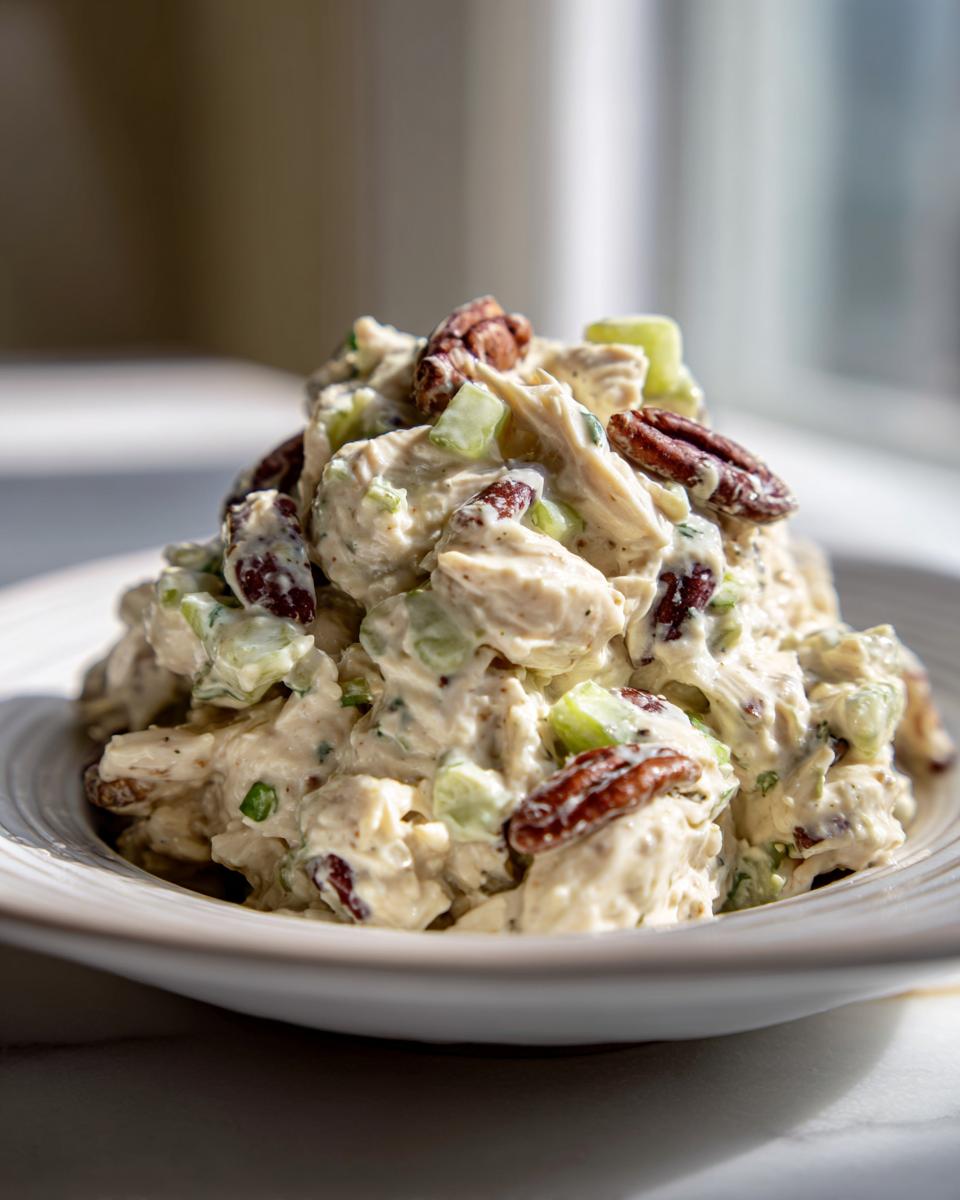 A creamy mound of honey mustard chicken salad mixed with celery and topped with whole pecans.