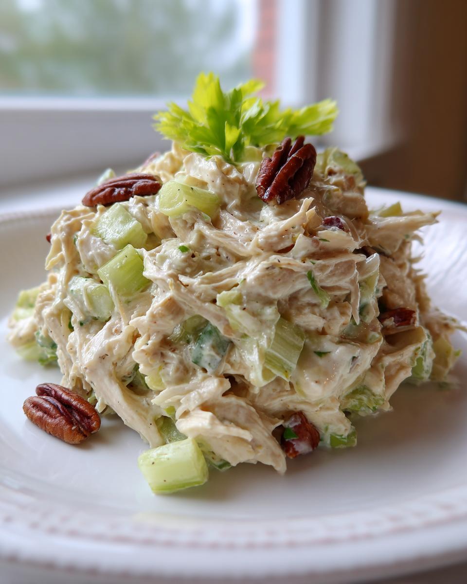 A mound of creamy honey mustard chicken salad mixed with celery and topped with pecans and celery leaves.