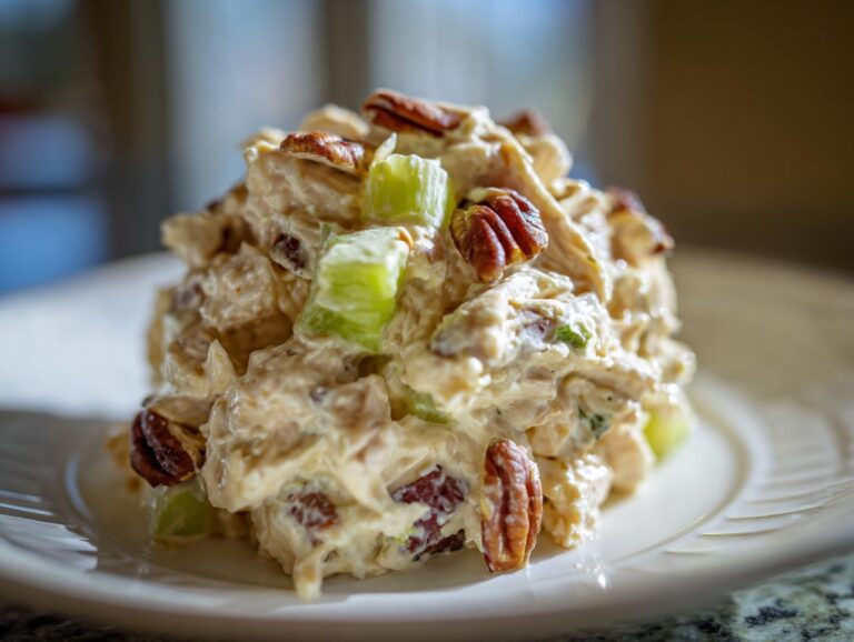 A close-up of a scoop of creamy honey mustard chicken salad mixed with celery and topped with whole pecans.