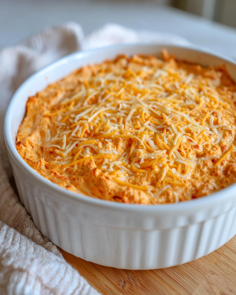 A close-up of a hot and creamy boat dip topped with shredded cheddar cheese in a white ceramic dish.