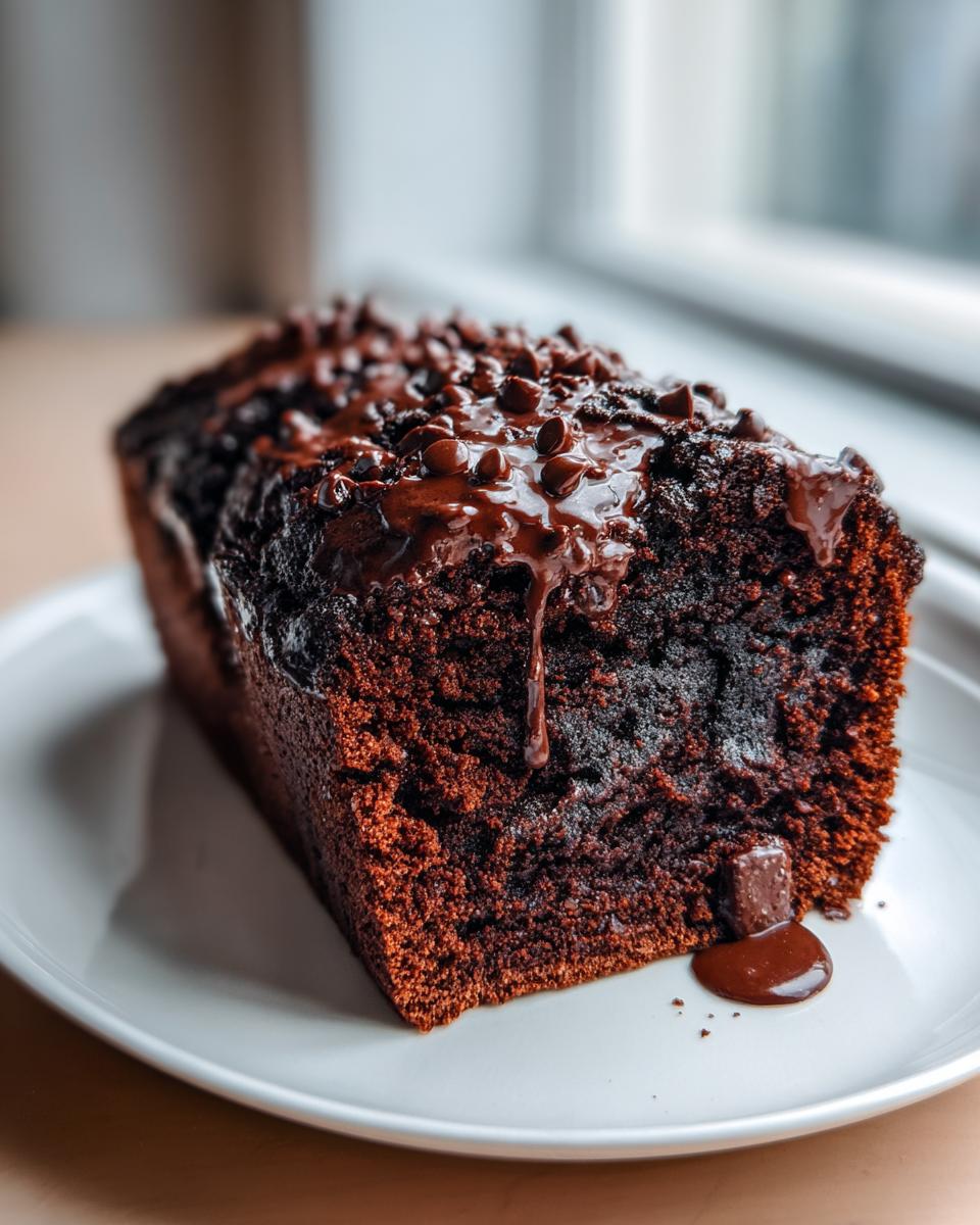 A rich, dark slice of hot fudge brownie bread topped with melted chocolate glaze and mini chocolate chips.