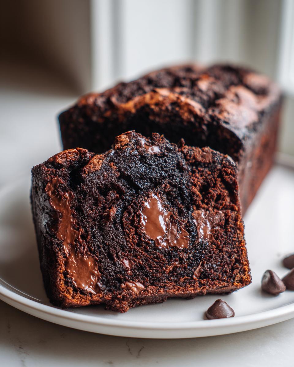 Close-up of a slice of rich, dark hot fudge brownie bread showing melted chocolate pockets.
