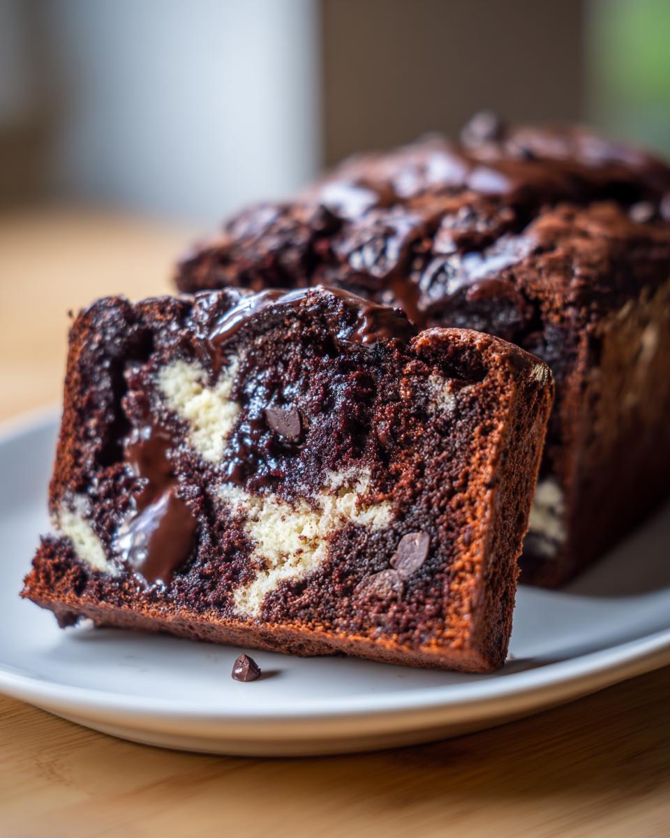 Close-up of a slice of hot fudge brownie bread showing gooey chocolate swirls and a marbled interior.