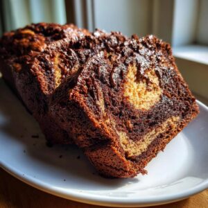 Two thick slices of marbled hot fudge brownie bread showing rich chocolate swirls and a lighter center, served on a white plate.