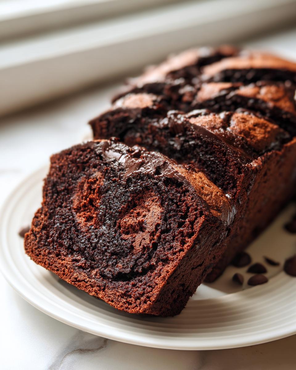 A loaf of rich, dark hot fudge brownie bread, sliced to show the gooey, swirled center.