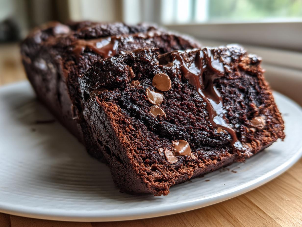 Close-up of rich, dark hot fudge brownie bread, sliced and drizzled with melted chocolate fudge.