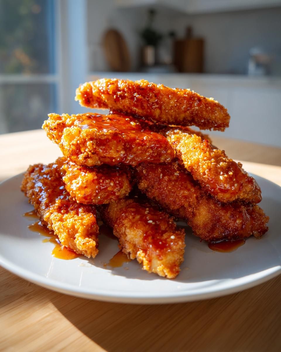A tall stack of crispy, golden brown hot honey chicken tenders generously drizzled with shiny, sticky hot honey sauce.
