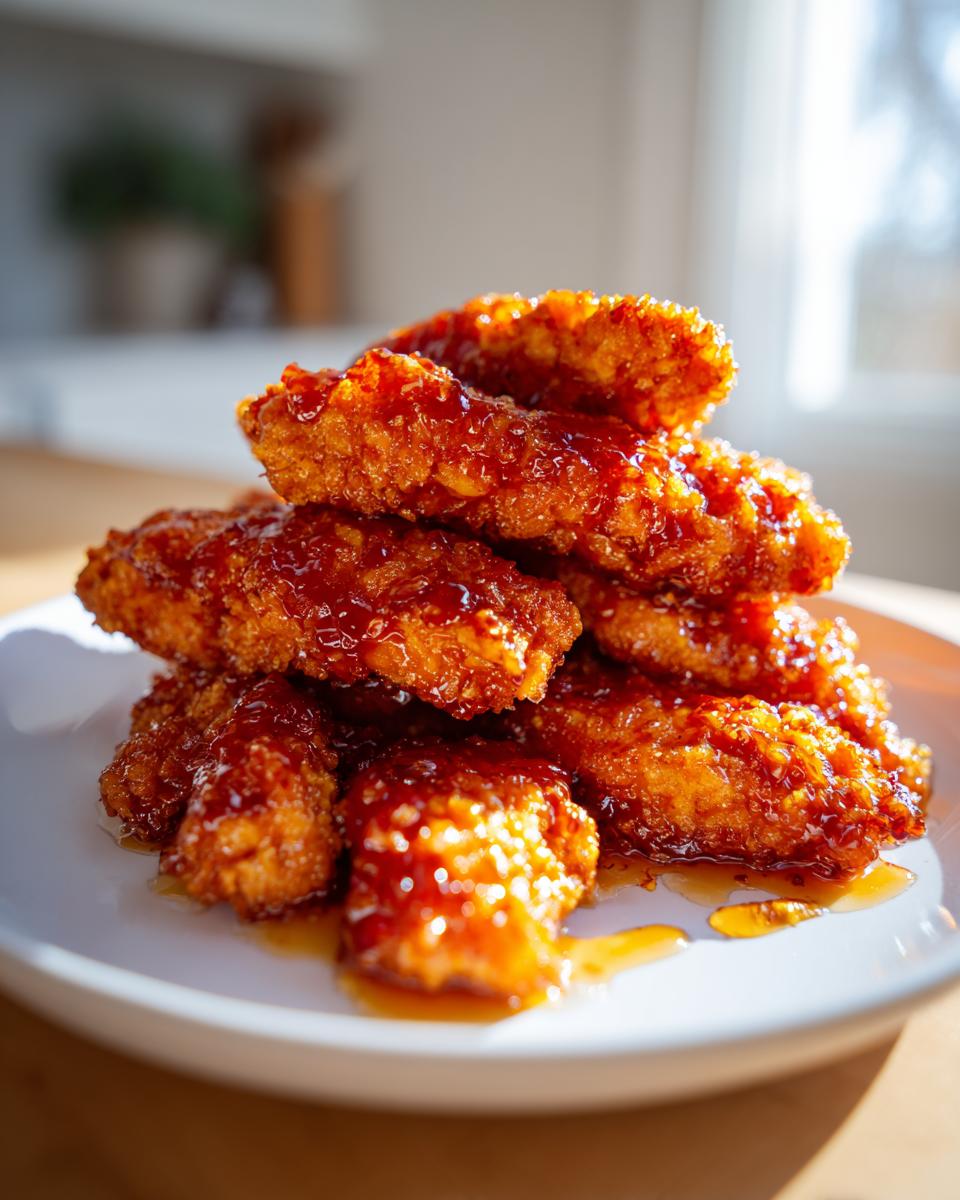 A close-up stack of crispy, glazed hot honey chicken tenders piled high on a white plate, glistening with sauce.