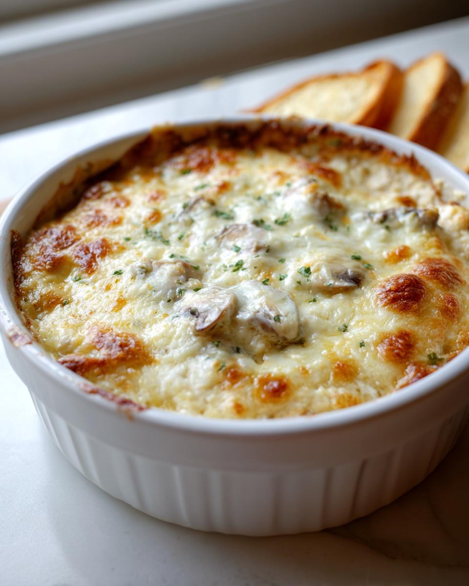 Close-up of hot, bubbly, cheesy stuffed mushroom dip baked in a white ramekin, served with toasted bread slices.