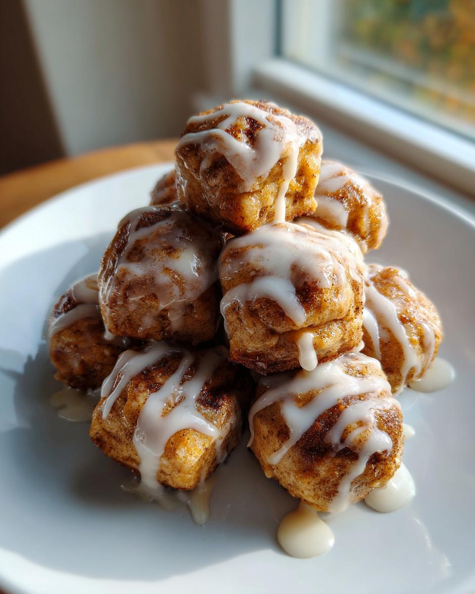 A stack of warm cinnamon roll bites drizzled generously with white icing, sitting on a white plate.
