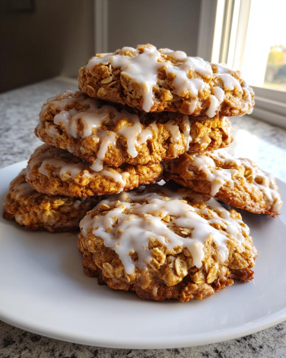 A stack of delicious iced oatmeal cookies topped with a thick white glaze, ready to eat.