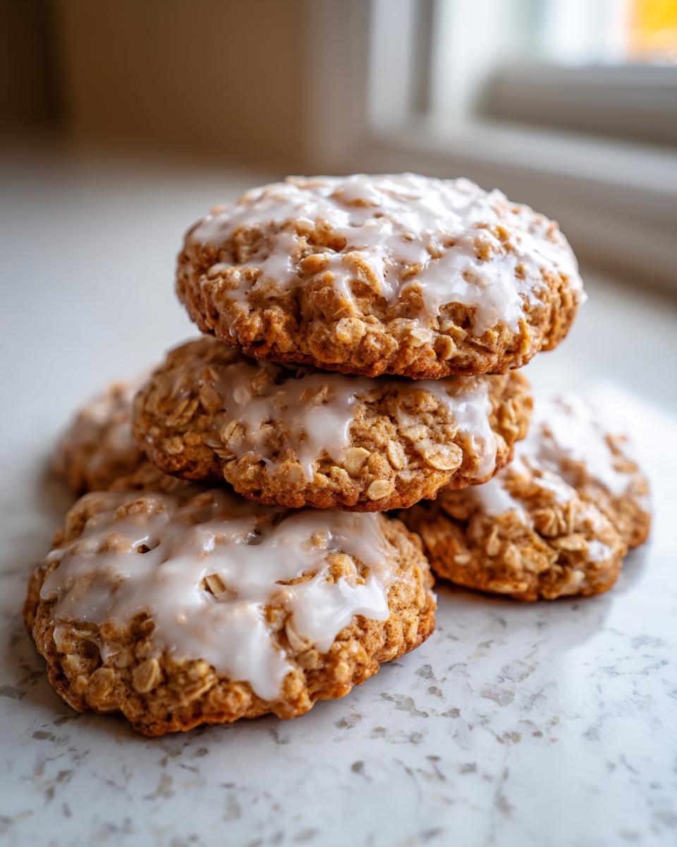 A stack of soft, chewy iced oatmeal cookies topped with a sweet white glaze, perfect for a low-calorie treat.