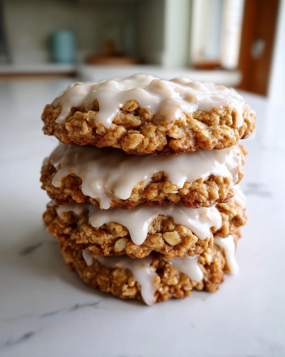 A stack of three delicious iced oatmeal cookies topped with a thick white vanilla glaze.