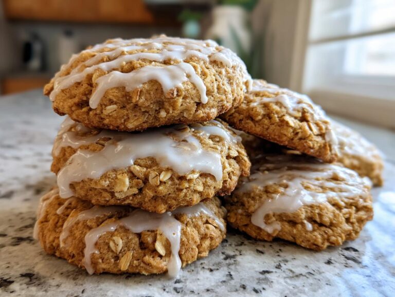 A close-up stack of freshly baked iced oatmeal cookies drizzled with white vanilla glaze.