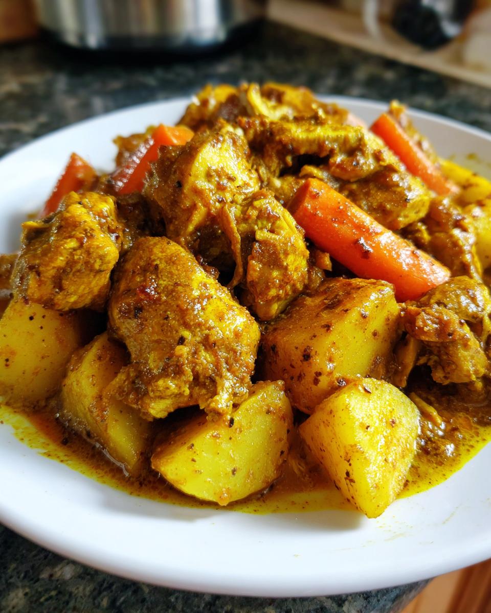 Close-up of rich, yellow Jamaican curry chicken served with chunks of potato and bright orange carrots.