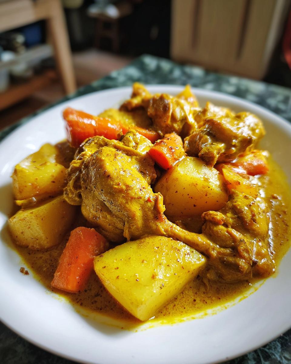Close-up of a serving of vibrant Jamaican Curry Chicken featuring tender chicken pieces, potatoes, and carrots in a rich yellow curry sauce.