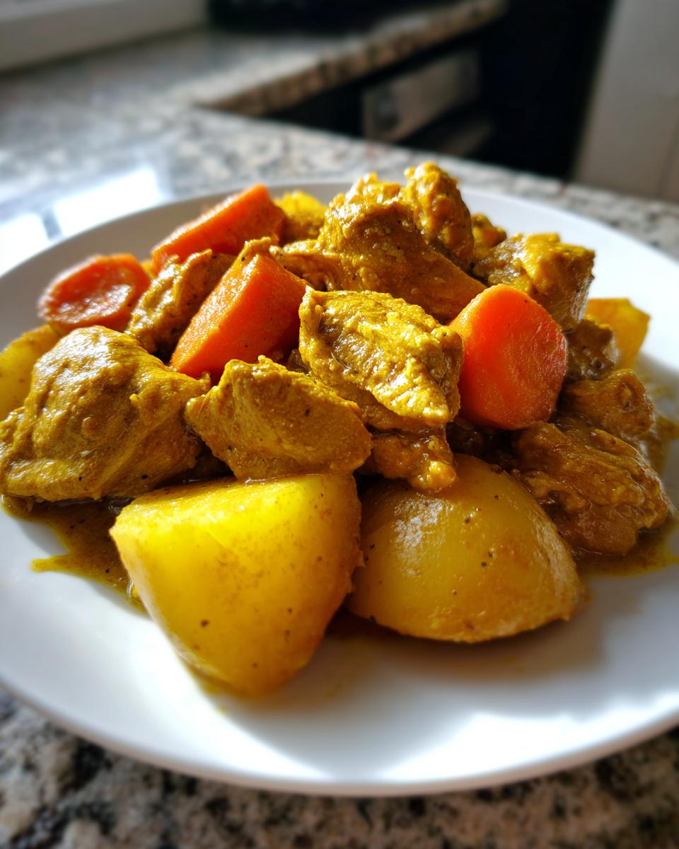 A close-up of vibrant Jamaican curry chicken served with chunks of yellow potatoes and bright orange carrots on a white plate.