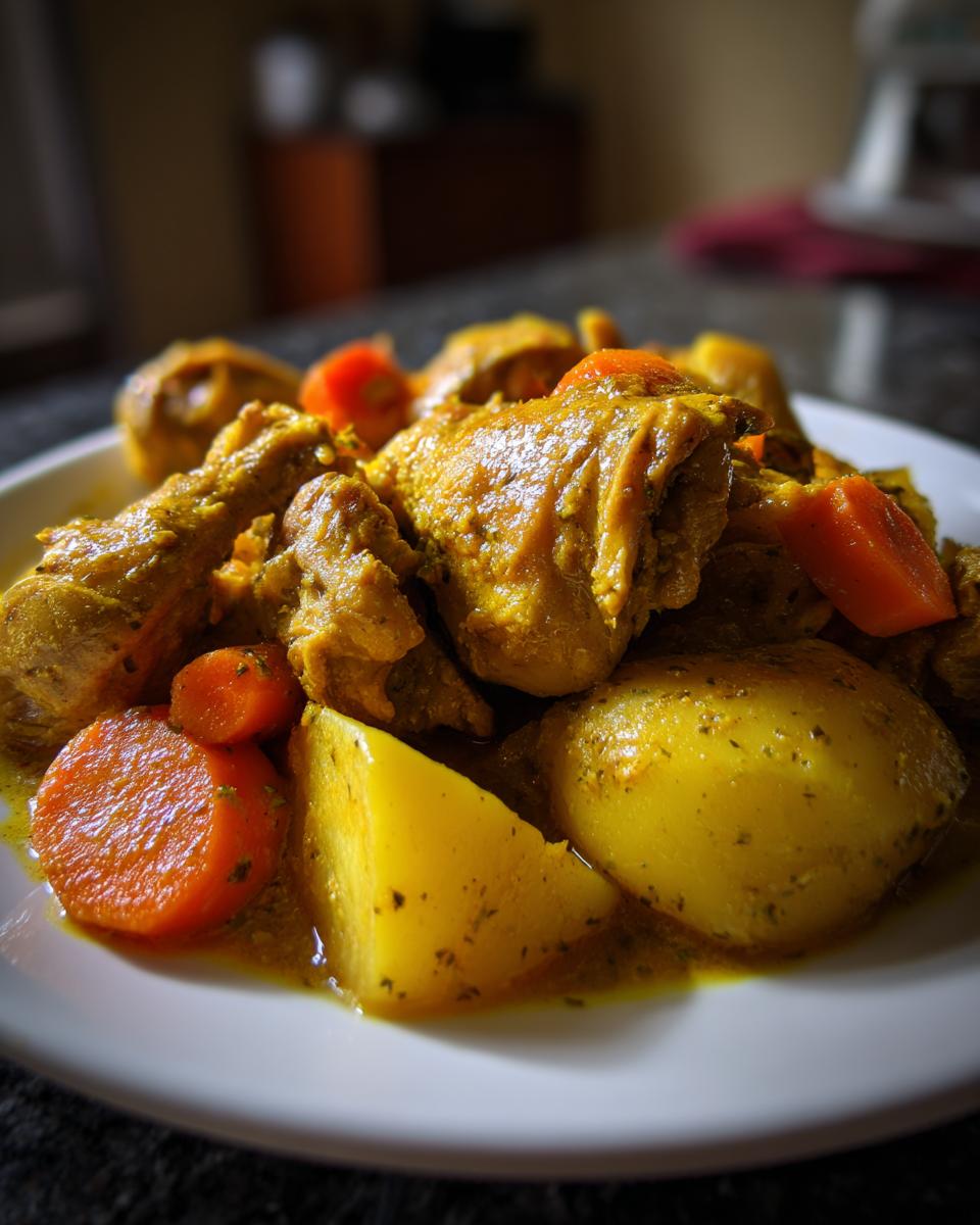 A close-up serving of rich, yellow Jamaican curry chicken pieces mixed with chunks of potato and sliced carrots.