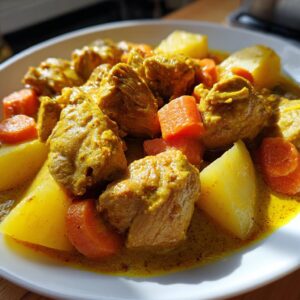 A close-up serving of vibrant Jamaican curry chicken chunks with potatoes and carrots in a rich yellow sauce.
