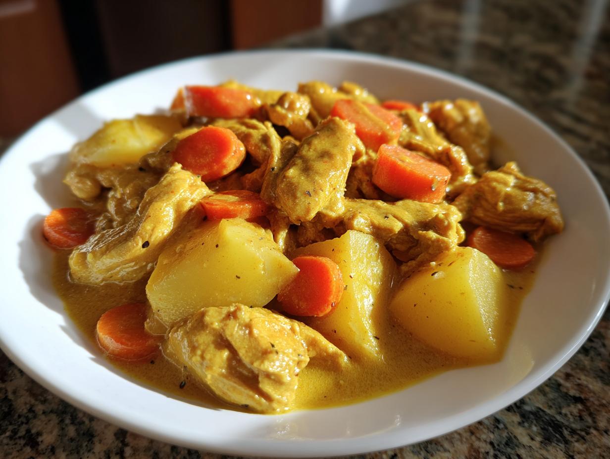 A close-up of a bowl of vibrant yellow Jamaican curry chicken mixed with chunks of potato and sliced carrots.