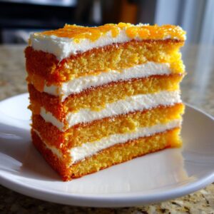 A tall, layered slice of Creamsicle Cake featuring orange sponge layers alternating with thick white cream frosting.