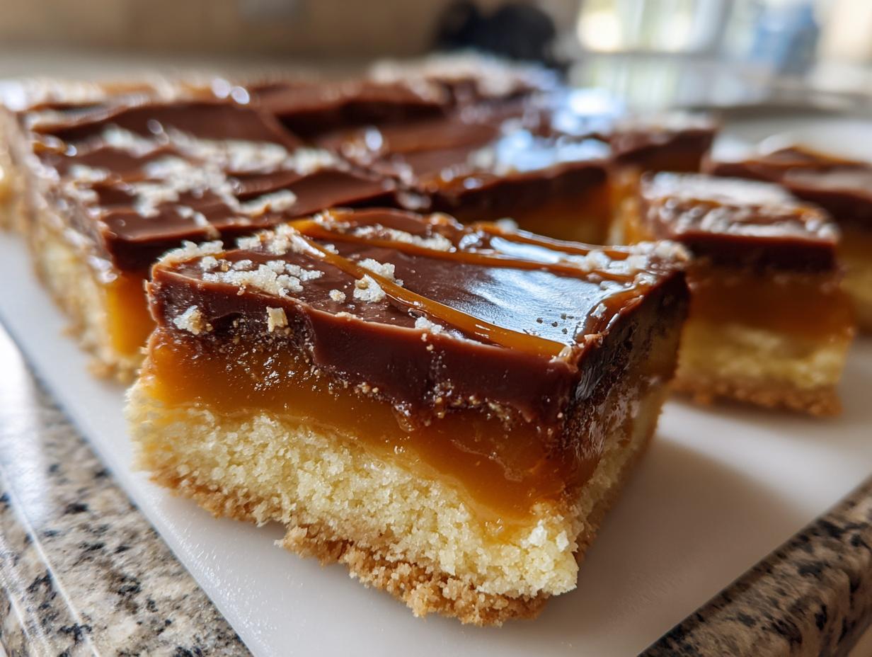 A close-up of a freshly cut square of homemade Twix bars, showing the shortbread base, thick caramel layer, and chocolate topping.