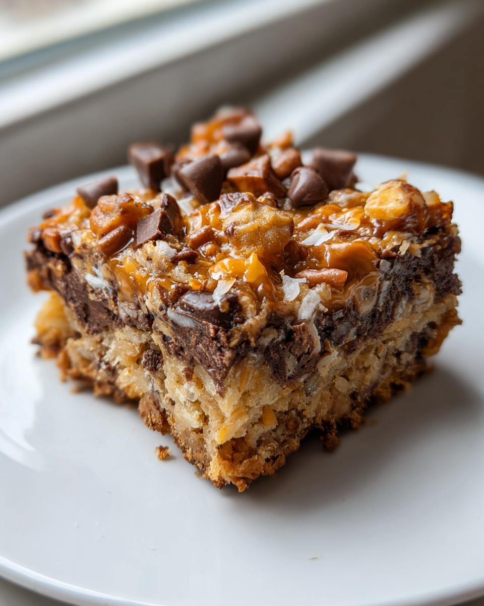 A rich, layered slice of magic cookie bars topped with chocolate chips, coconut, and caramel sauce on a white plate.