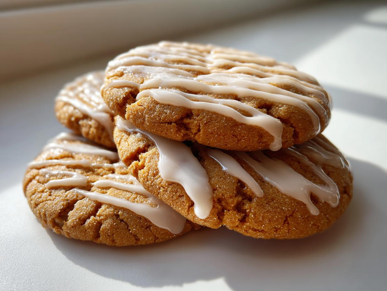Close-up of a stack of soft maple brown sugar cookies drizzled with a white vanilla glaze.