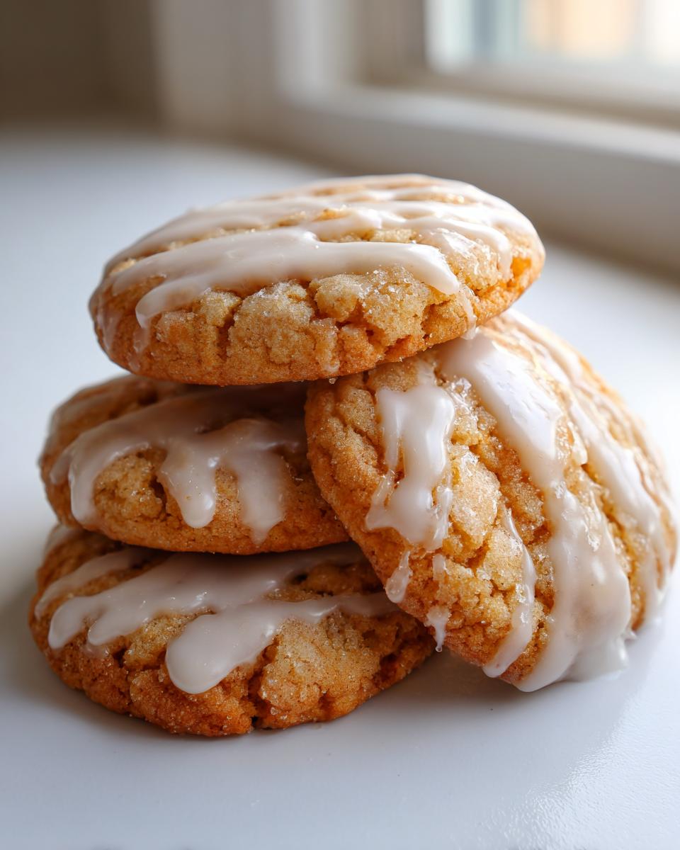A stack of three freshly baked maple brown sugar cookies drizzled with a white glaze.