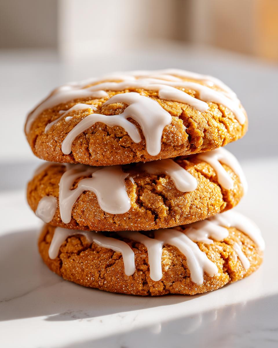 Three stacked maple brown sugar cookies topped with a drizzle of white glaze icing.