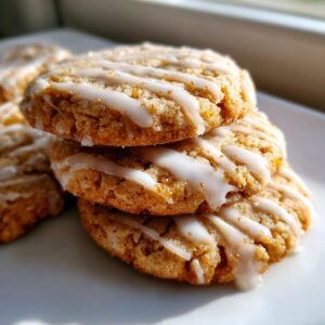 Close-up of three stacked maple brown sugar cookies drizzled with white vanilla icing.