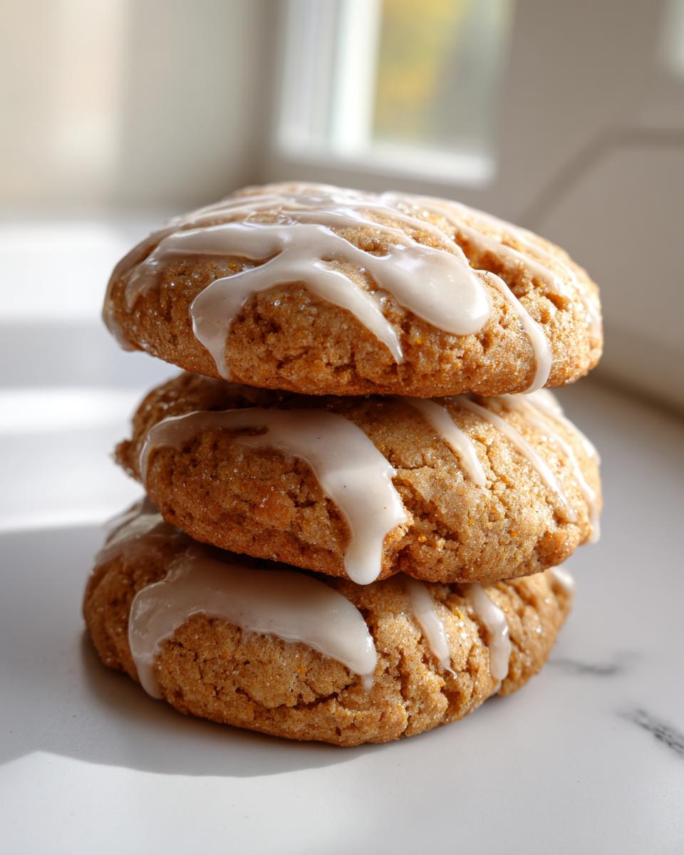 Three stacked maple brown sugar cookies topped with a sweet white glaze drizzle.