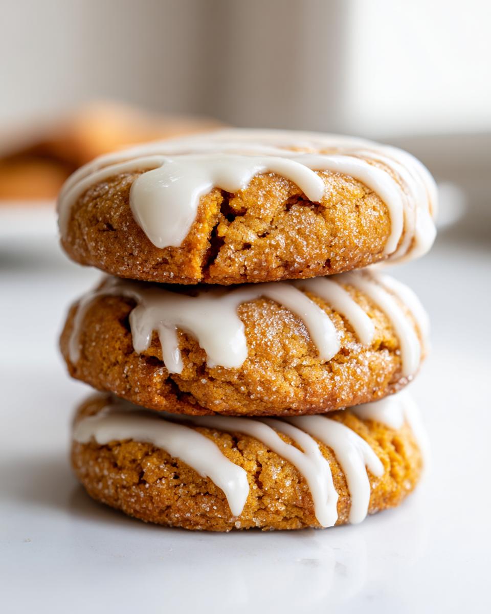 Three stacked, soft maple brown sugar cookies topped with a drizzle of white vanilla glaze icing.