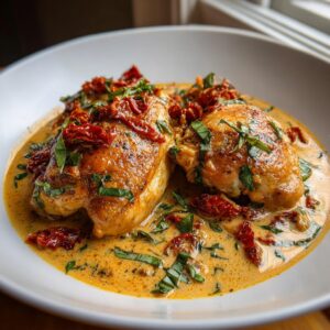 Two golden-brown chicken pieces smothered in a creamy sauce with sun-dried tomatoes and fresh basil, characteristic of Marry Me Chicken.